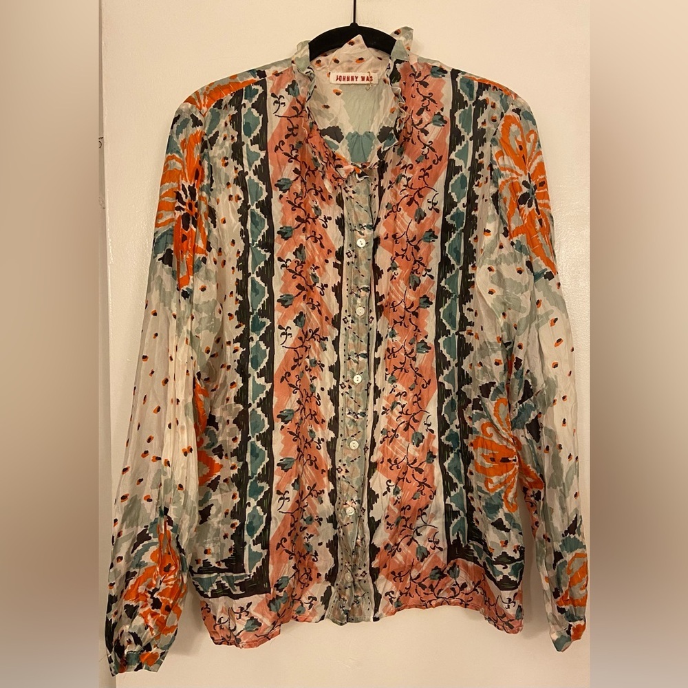 Johnny Was Floral Striped Blouse - Pink, Orange, Green